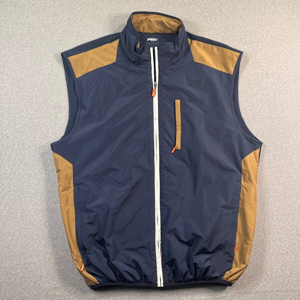 PRX Performance‎ Vest Mens L Navy Blue Tan Colorblock Full Zip Gym Training